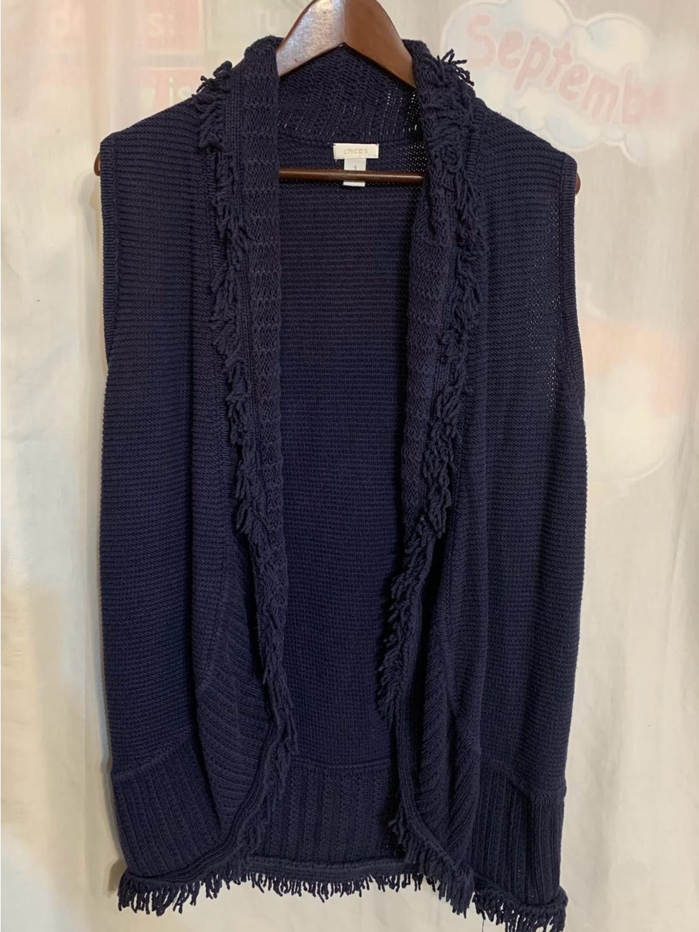 Chico's Navy Fringe Open-Front Knit Vest